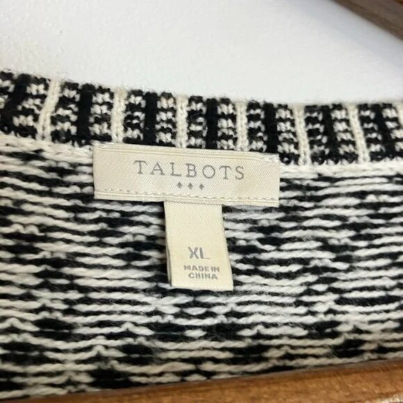 Talbots Fair Isle Nordic Black White Front Zip Round Neck Cardigan Sweater - Picture 7 of 9
